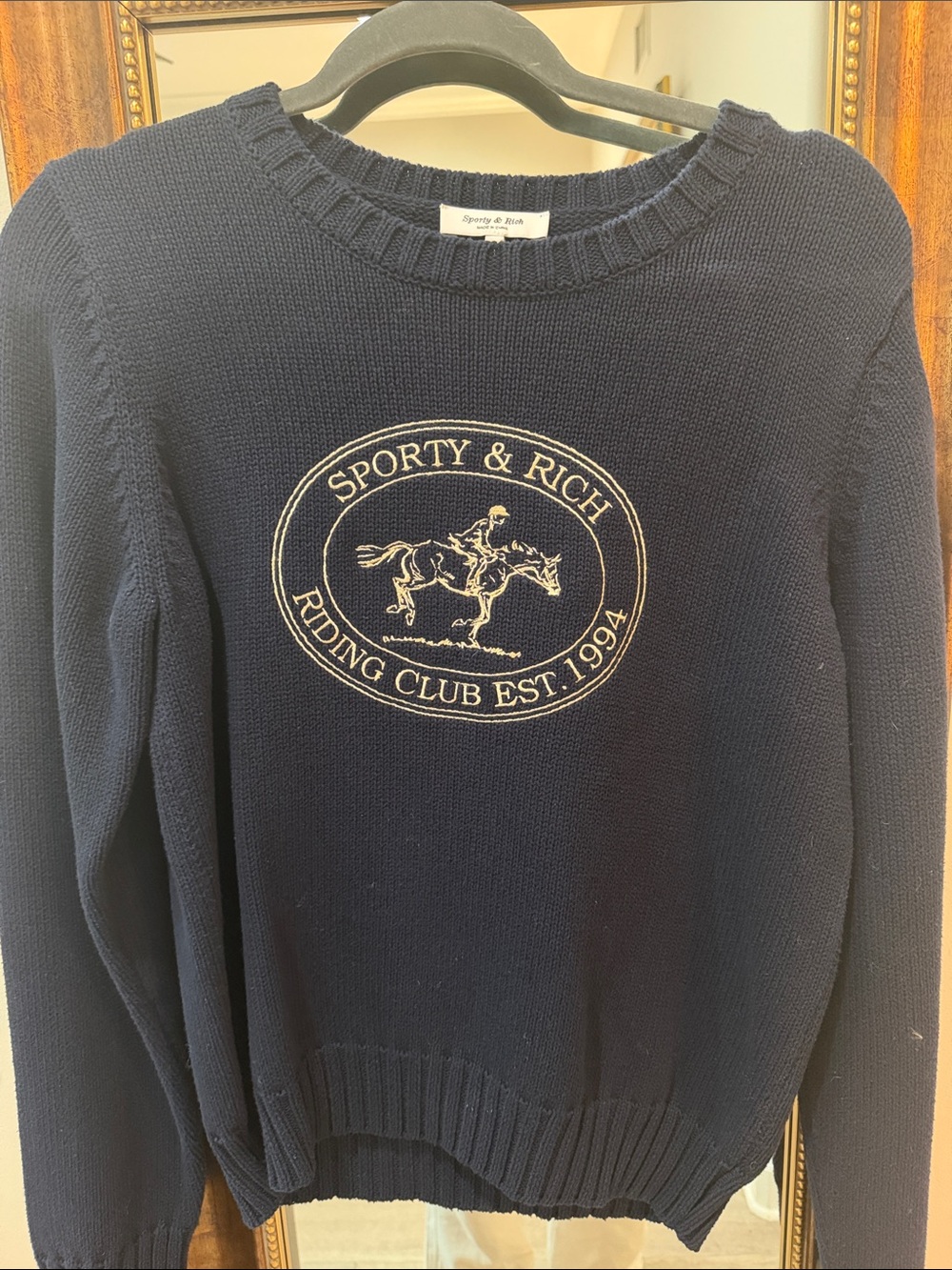 Sporty & Rich Navy Crewneck with Riding Club Embroidery